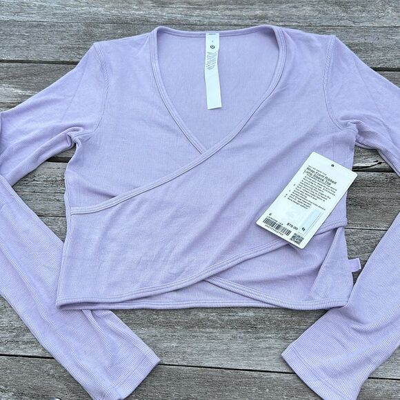 Lululemon Wrap-Front Ribbed Long Sleeve Top Lilac Esther purple WOMENS SIZE 6 - Picture 2 of 8